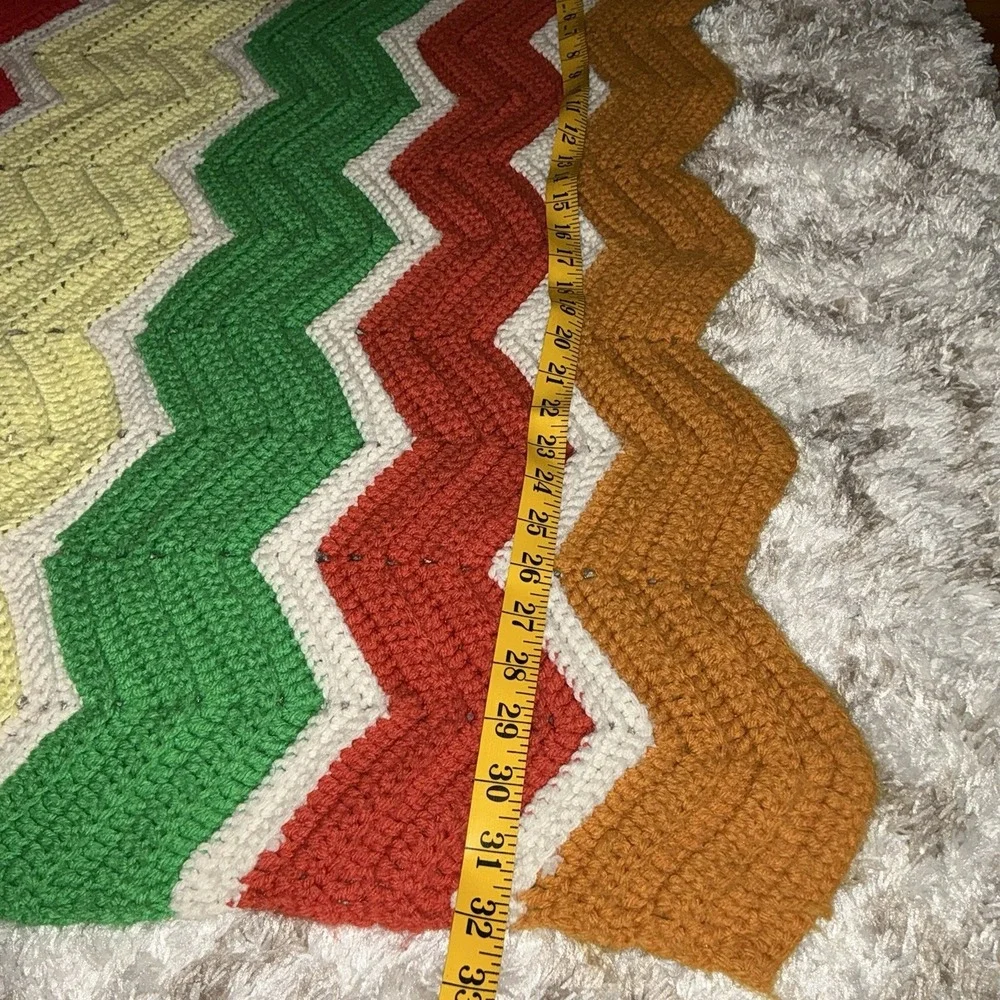 Vintage 70s Crochet Chevron Zig Zag Afghan Throw Orange Green Tan Aprx 50x32 Mcm